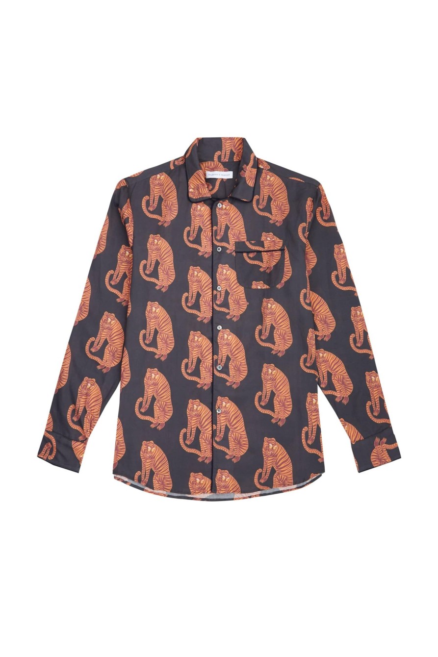 Men Desmond & Dempsey Archive | Men'S Pyjama Shirt Black/Orange